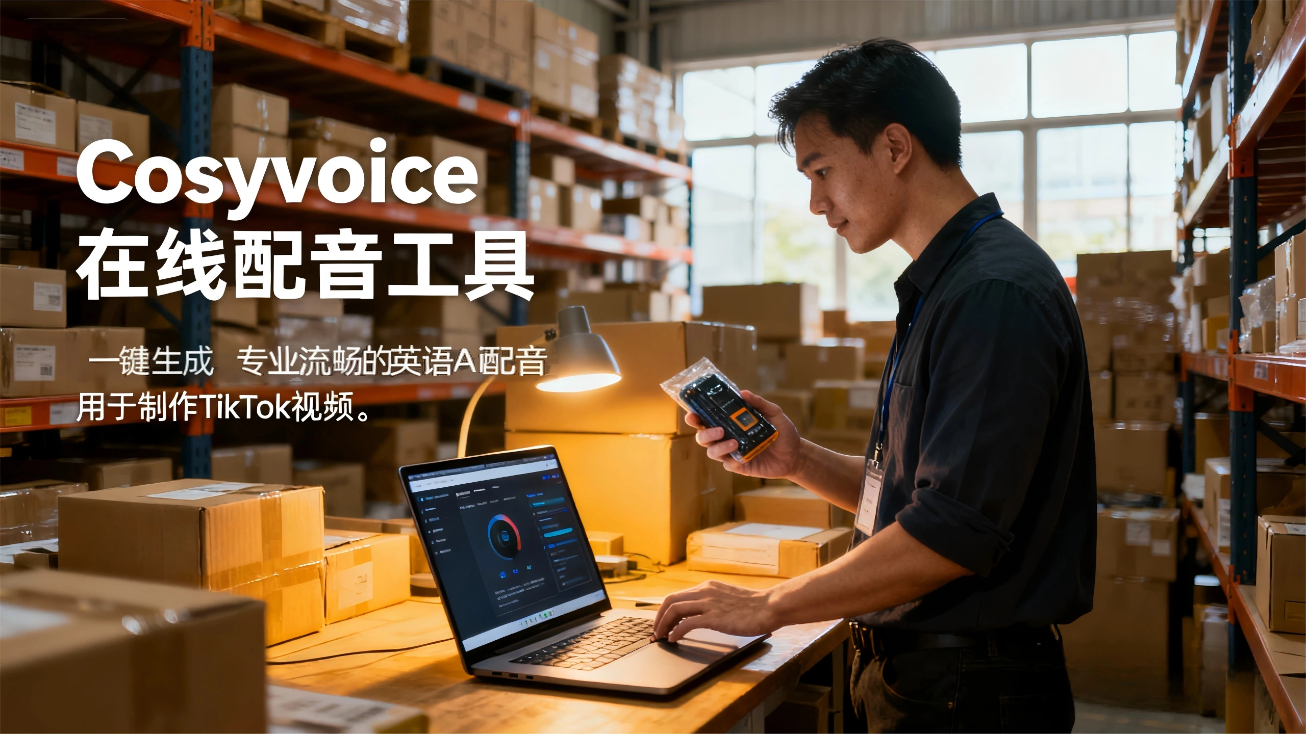 一位跨境电商卖家在仓库中利用Cosyvoice在线配音工具,快速为产品视频生成专业流畅的英语AI配音。他专注操作笔记本电脑上的Cosyvoice界面,轻松完成多语种语音合成,展现了免本地部署、一键发布的便捷性,极大提升了跨境内容创作效率。