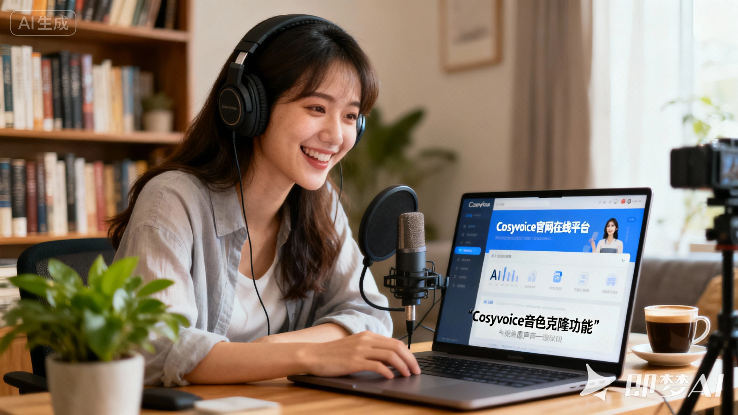 一位内容创作者在舒适的家庭办公室中,使用Cosyvoice官网的在线平台体验其核心的AI音色克隆功能。她通过耳机试听由自己声音克隆生成的AI配音,操作简单,效果逼真,充分展示了Cosyvoice在AI语音合成和个人化数字声音创作方面的强大能力。